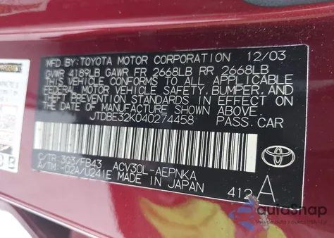 2004 Toyota Camry Le from USA, damaged, VIN JTDBE32K040274458